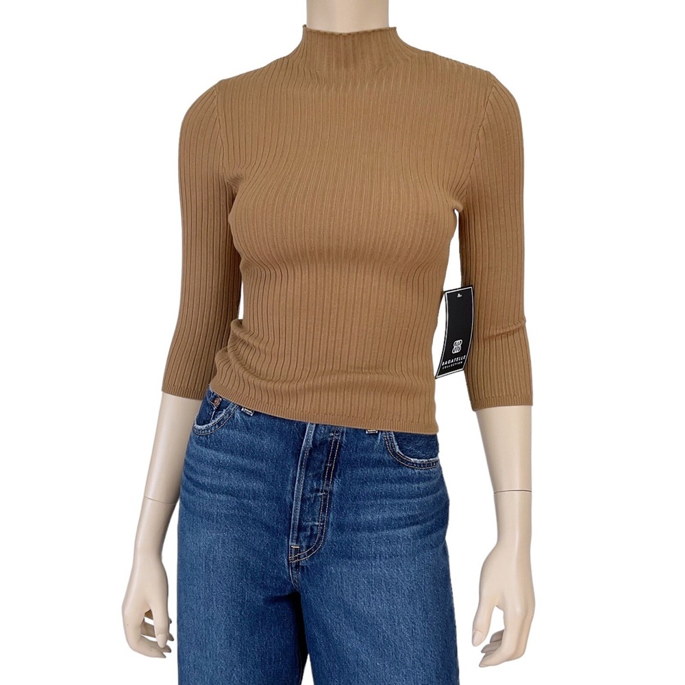 Bagatelle Sweater Women XS Brown 3/4 Sleeve Rib Knit Top Mock Neck NWT